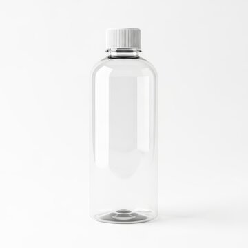 A clear plastic bottle with a silver screw-top cap on a white background