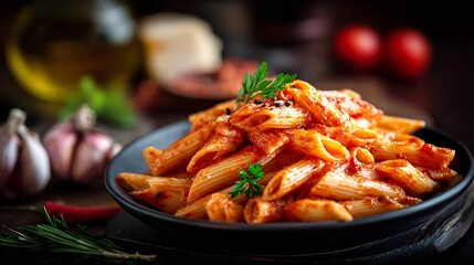 Penne Arrabbiata fiery red sauce moody dark studio setting