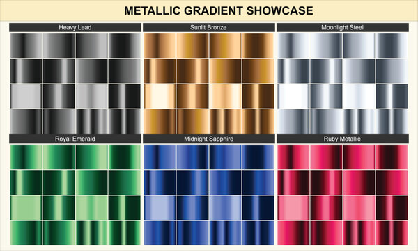 Metallic gradient swatch collection. Featuring gold silver bronze green blue and red chrome textures.