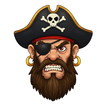 Cartoon pirate face with eye patch isolated on transparent background