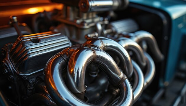 Close-up detail of shiny chrome exhaust headers on a powerful V8 engine. Classic hot rod auto parts gleam under warm light, showing off mechanical craftsmanship and speed.
