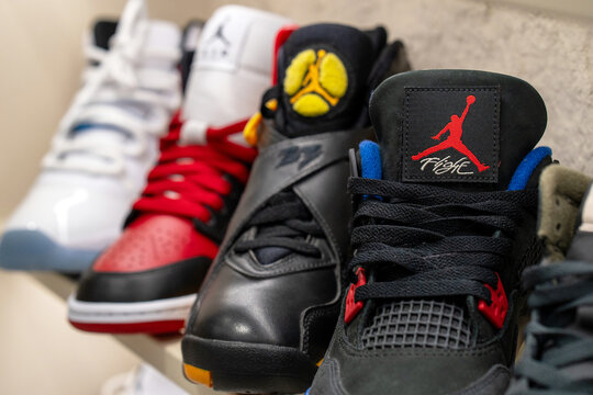 Close-up of Jumpman logo on tongue of Nike Air Jordan. Selective focus on the Air Jordan logo on sneakers. Air Jordan sneakers on the shelf of a sports shoe store. Minsk, Belarus - March 30, 2026