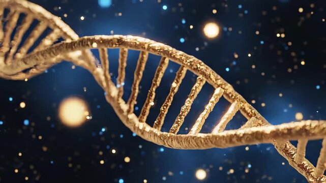 DNA golden structure rotating in dark blue space with glowing particles for medical science and biological research animation video clip