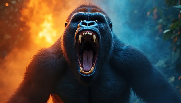 Gorilla roars with open mouth showing fangs and tongue. Fiery orange and cool blue light highlights fur and jungle foliage. Intense primal creature portrait close up.