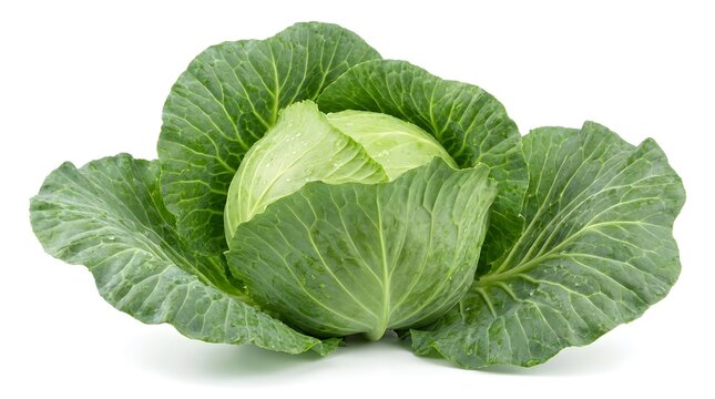 Fresh Whole Green Cabbage Head with Large Leaves Isolated on White Background. Organic Raw Vegetable, Healthy Vegan Food Ingredient, Farm Fresh Produce for Cooking, Salad, and Nutrition Concepts.