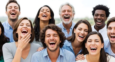 Obraz premium Diverse group of happy people laughing together in bright outdoor setting