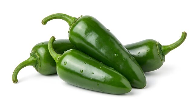 Fresh Green Jalapeno Peppers Isolated on White Background, Group of Hot Spicy Chili Peppers with Water Droplets, Organic Raw Vegetable for Mexican Food Cooking, Healthy Vegan Ingredient, Studio Shot
