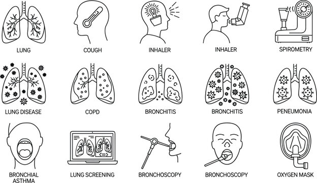 Lung Health and Respiratory Treatment Icon Set Featuring Inhalers, Bronchitis, COPD, Pneumonia, and Medical Screenings