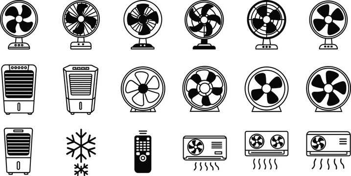 Fan and Air Conditioning Icon Set Featuring Various Fans, Air Coolers, and Climate Control Devices for Home and Office Illustrations