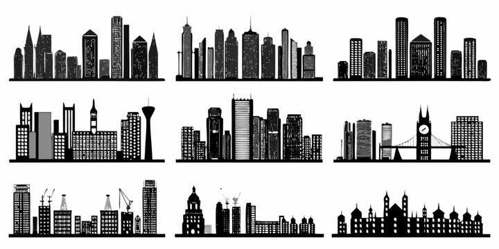 Silhouettes of iconic city skylines arranged in a grid pattern