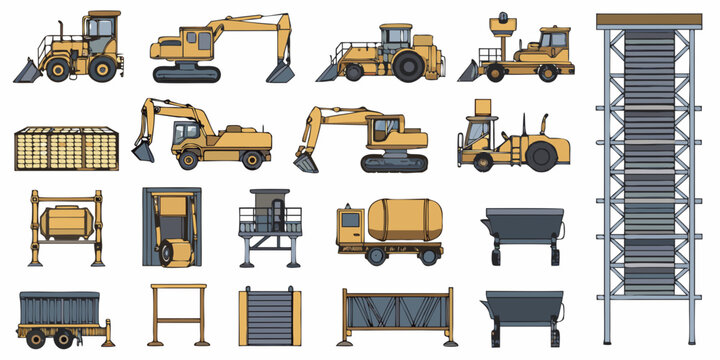 Construction equipment and industrial machinery illustrated in a technical drawing style
