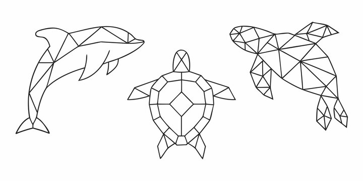 Geometric marine life a dolphin turtle and seahorse in line art