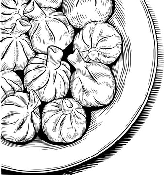 Hand-drawn black and white of khinkali dumplings a plate food georgian cuisine