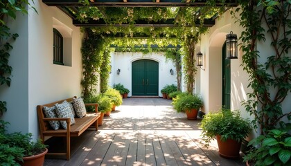 Fototapeta premium Wooden bench on sunlit deck path to elegant house entrance with green doors and climbing vines. Lush plants in pots create inviting walkway.