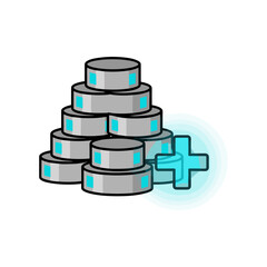 Fototapeta premium A stack of data storage units with a glowing blue plus sign represents digital expansion and growth.