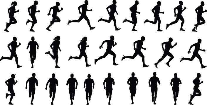 Running people silhouette set, jogging athletes collection, male female runners vector, fitness training poses, isolated black sport figures, marathon exercise concept