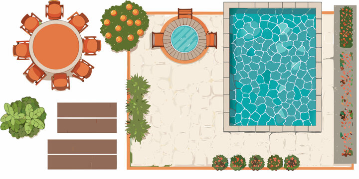 Aerial view of a backyard showcasing a pool dining and garden areas