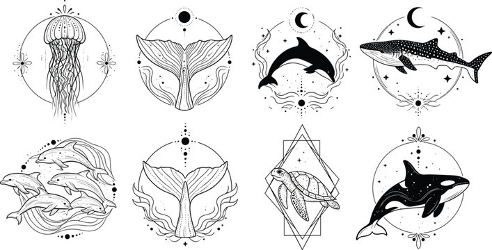 Celestial marine life collection with jellyfish whale dolphin sea turtle and whale tail in mystical moon and stars line art style for boho branding and tattoo vector illustration