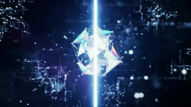 A breathtaking, ultra wide establishing video of an infinite abstract digital void with swirling radiant data particles and complex constructs, dramatically lit by deep indigo and violet ambient