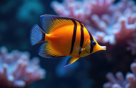 Flame angelfish swims in aquarium. Orange fish with black stripes and blue fins moves past coral. Marine life underwater scene shows vibrant colors.