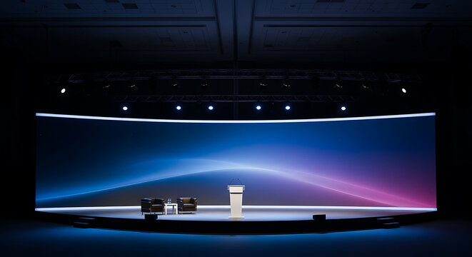 A modern, dark conference stage with a large curved LED screen displaying an abstract blue and pink gradient, featuring a podium and two chairs.