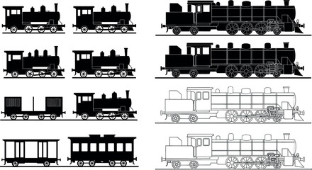 Vintage Steam Train Set with Multiple Locomotives and Wagons in Silhouette and Outline Styles Railway Transport Vector Illustration Collection © Md