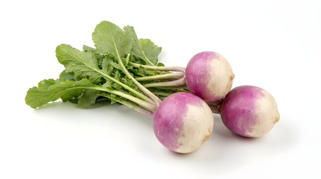 Fresh organic purple top turnips with green leaves isolated on white background. Three raw garden turnips with leafy stems, healthy root vegetables for cooking, nutrition, and vegan diet concepts.