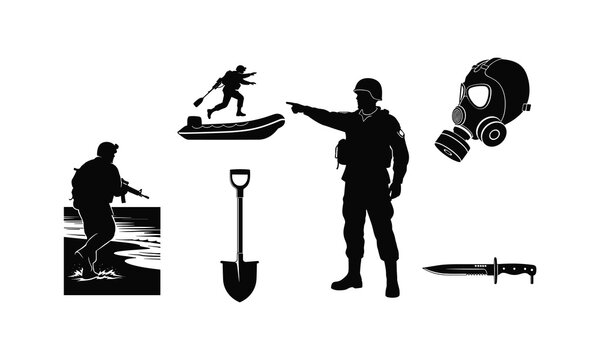 Military soldier silhouette vector with gas mask and shovel illustration on white surface