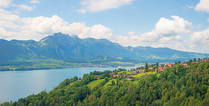 alpine village Sigriswil, tourist destination lake Thunersee, Stockhorn mountain, switzerland