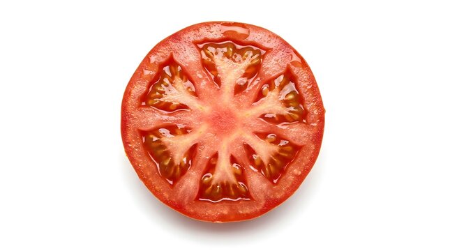 Fresh Red Tomato Slice Isolated on White Background, Ripe Organic Vegetable Cross Section with Seeds and Juicy Pulp, Healthy Food Ingredient for Cooking and Salads, High Quality Macro Photography.