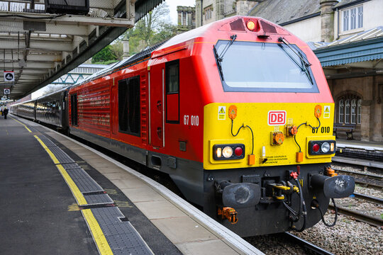 Shrewsbury, England, UK - March 31, 2026; Transport for Wales diesel hauled express passenger train at Shrewsbury with DB locomotive