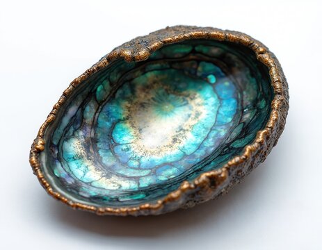 Paua abalone shell exhibits vibrant iridescent colors, natural patterns. This marine mollusc treasure has detailed rough edge, shimmering pearly interior. Perfect for luxury decor jewelry design.