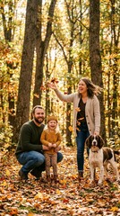 Fototapeta premium Happy family enjoying autumn lifestyle in autumn forest