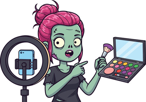 Cartoon zombie beauty vlogger recording makeup tutorial with brush, palette, ring light, smartphone, and humorous undead theme
