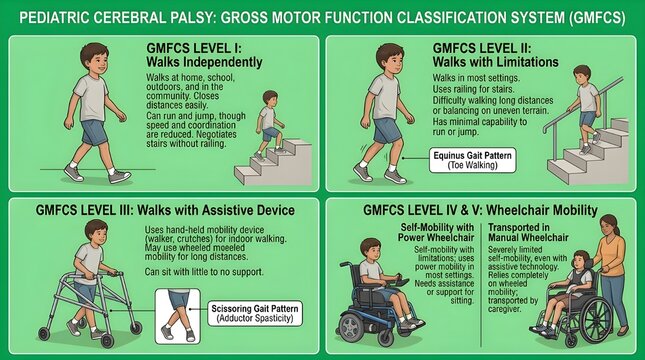 A medical infographic illustrating the Gross Motor Function Classification System for pediatric cerebral palsy