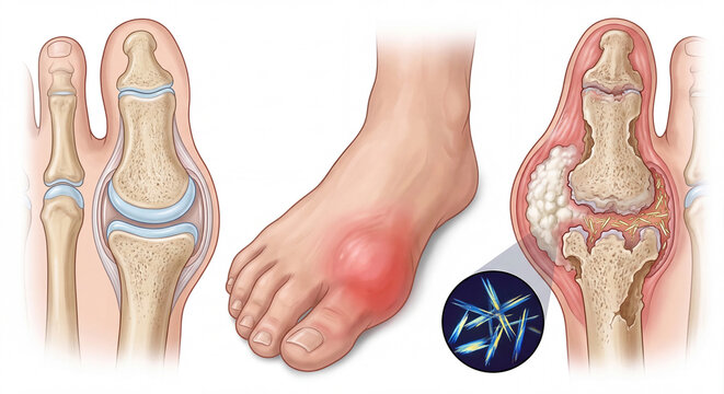 A scientific image showing gout. White background. Created using artificial intelligence. Consult a specialist for medical advice or diagnosis.