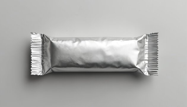 Empty silver foil candy bar wrapper lies flat. Shiny metallic packaging isolated on light grey surface. Blank product design template for snacks or treats.