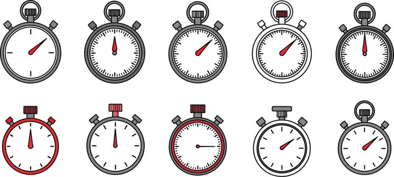 A collection of ten distinct flat vector stopwatch icons featuring varied red and grey color schemes for precise time measurement