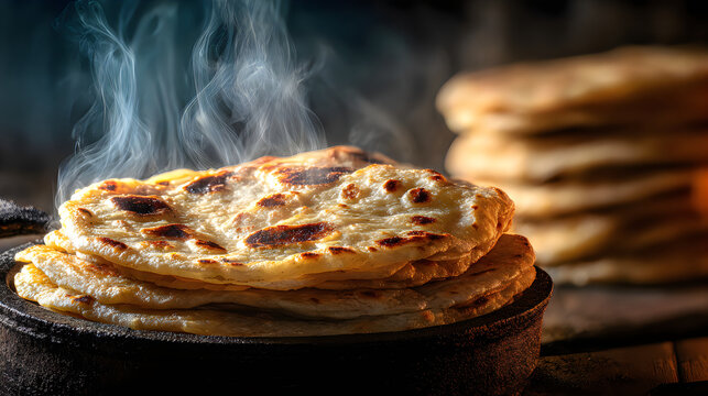 Freshly cooked steaming roti bread on a rustic skillet