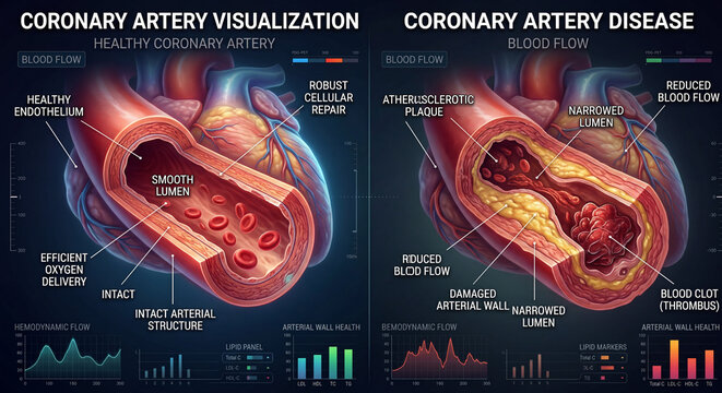 Coronary artery disease. A medical image showing heart disease. Created using artificial intelligence. Consult a specialist for medical advice or diagnosis.