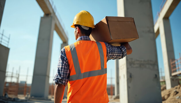 Construction worker in yellow hard hat and orange vest carries box. Man walks at building site. Heavy work, manual labor effort. Future project development.