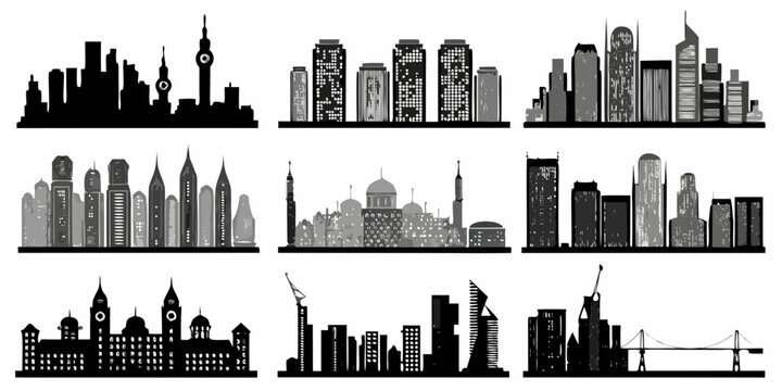 Silhouetted skylines of various global cities arranged in a grid pattern