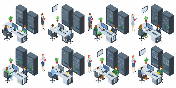 Isometric illustration of a data center with servers and system administrators