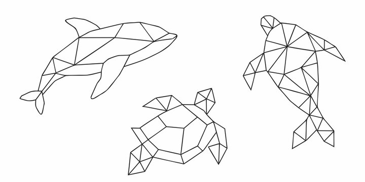 Geometric marine life a dolphin sea turtle and bird rendered in lines
