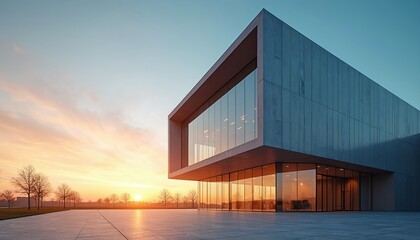 Fototapeta premium Modern glass and concrete building facade. Structure reflects sunset sky and trees. Minimalist architecture exterior design, clean lines, spacious plaza outside.