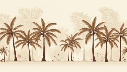 Fototapeta premium Brown palm trees and foliage in sepia tone, suggesting a vintage tropical landscape. Soft botanical illustration, subtle faded aesthetic suitable for decor.