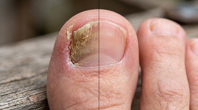 Fungal infection of toenail on a human foot causing discoloration and damage to nail plate and skin