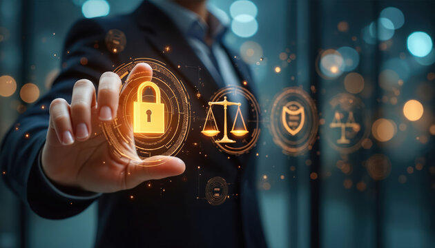 Man in suit touches glowing digital interface with lock scale shield icons. Business data security law concept. Corporate legal compliance protection.