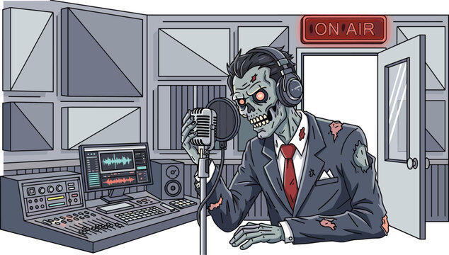 Cartoon zombie radio broadcaster character in torn suit with headphones speaking into vintage microphone at studio console