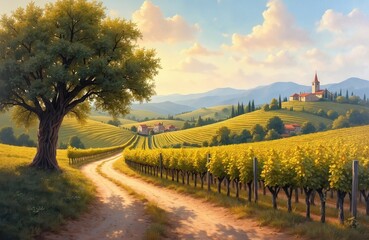 Fototapeta premium Rural Italian vineyard landscape with rolling hills and farmhouses. A winding dirt path leads through golden grape rows towards distant mountains under a soft sky.